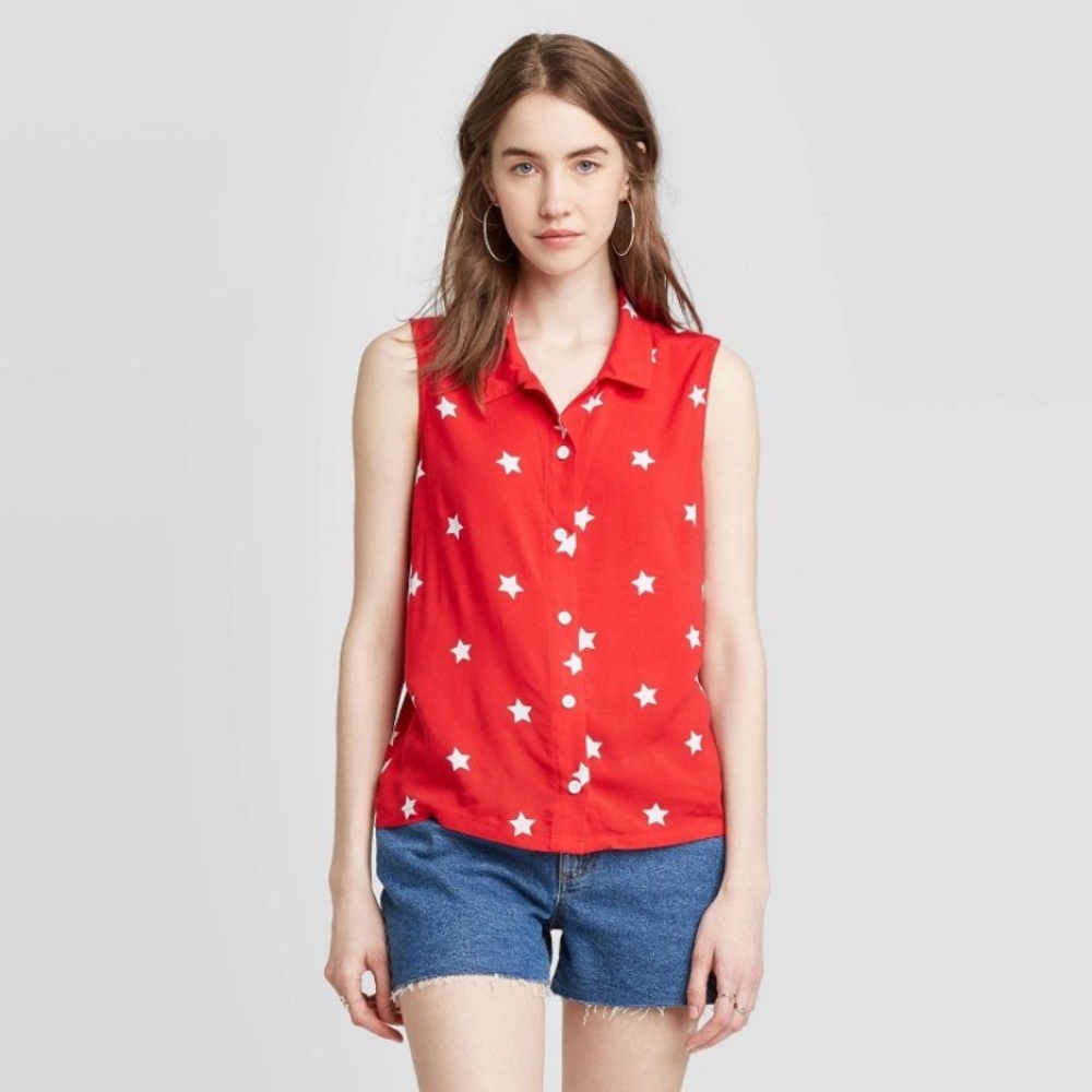 Fifth Sun Red White Star Sleeveless Buttoned Down Top Juniors XXL NEW